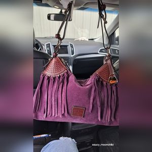 Dooney & Bourke • Leather Suede Fringe Heart Embossed Brown Leather Hobo Bag Pur